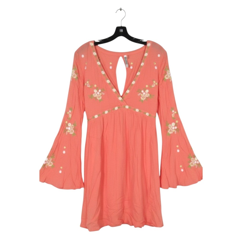 MONORENO Coral FLORAL EMBROIDERED Deep V-Neck KEYHOLE TIE BACK Babydoll Dress L